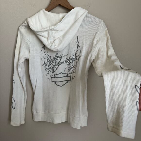 Vintage Y2K Harley Davidson Womens White Longsleeve Hoodie Rhinestone Size Small - Picture 10 of 12